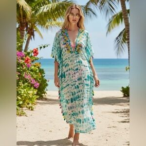 Violet Sky Small Swim Cover Up Embroidered Tassel Tie Dye‎ Beach Resort Maxi